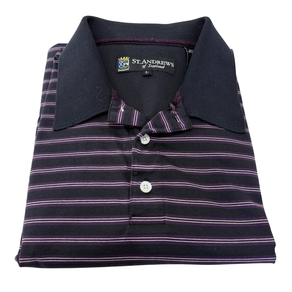 St Andrews of Scotland Mens Large Polo Shirt Purple Black Striped Short‎ Sleeve